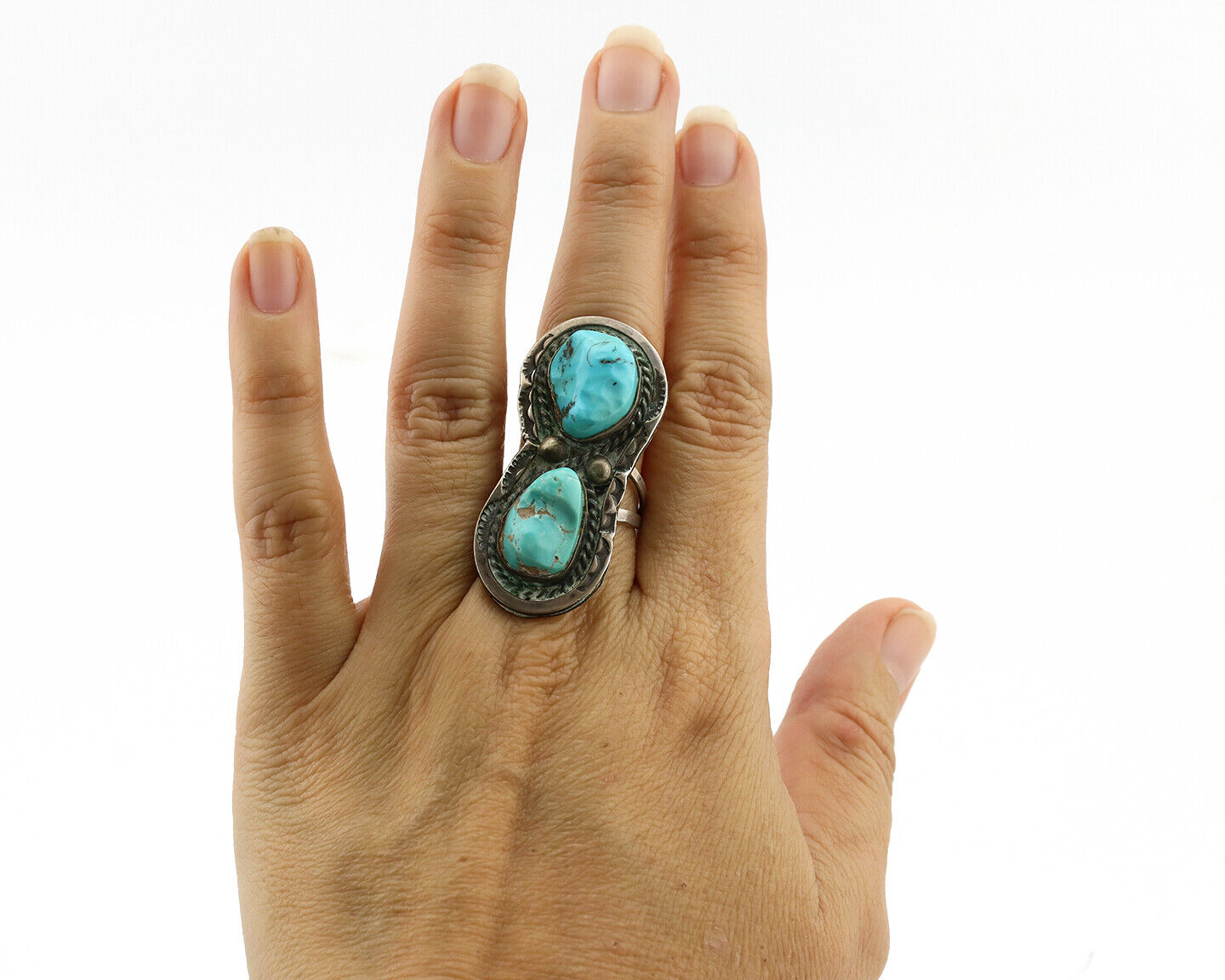 Navajo Ring .925 Silver Globe Turquoise Hand Stamped Native American Artist C80s