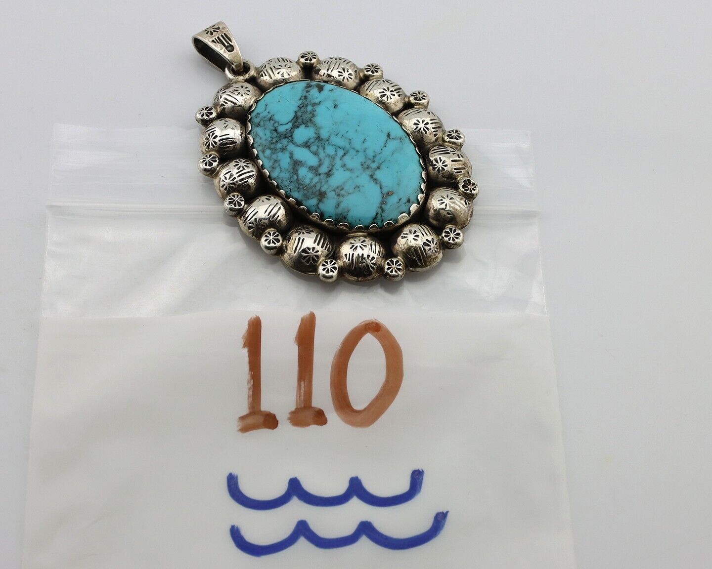 Navajo Necklace 925 Silver Blue Turquoise Artist Signed M & Cat C.80's
