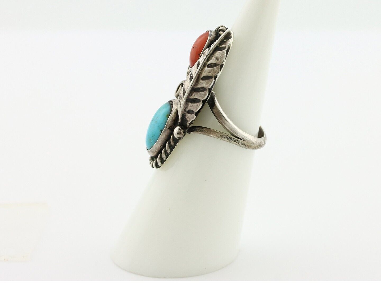 Navajo Handmade Ring 925 Silver Turquiose & Coral Native American Artist C.80's