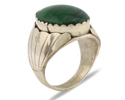 Navajo Ring .925 Silver Natural Green Malachite Artist Signed DL C.1980's