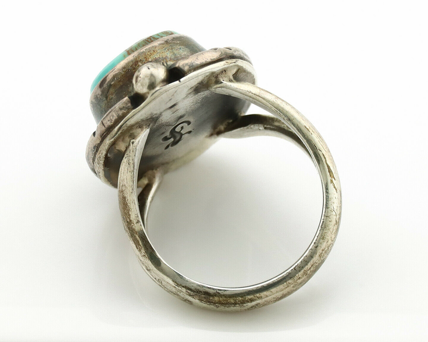 Navajo Ring .925 Silver Kingman Turquoise Artist Signed Gecko C.1980's