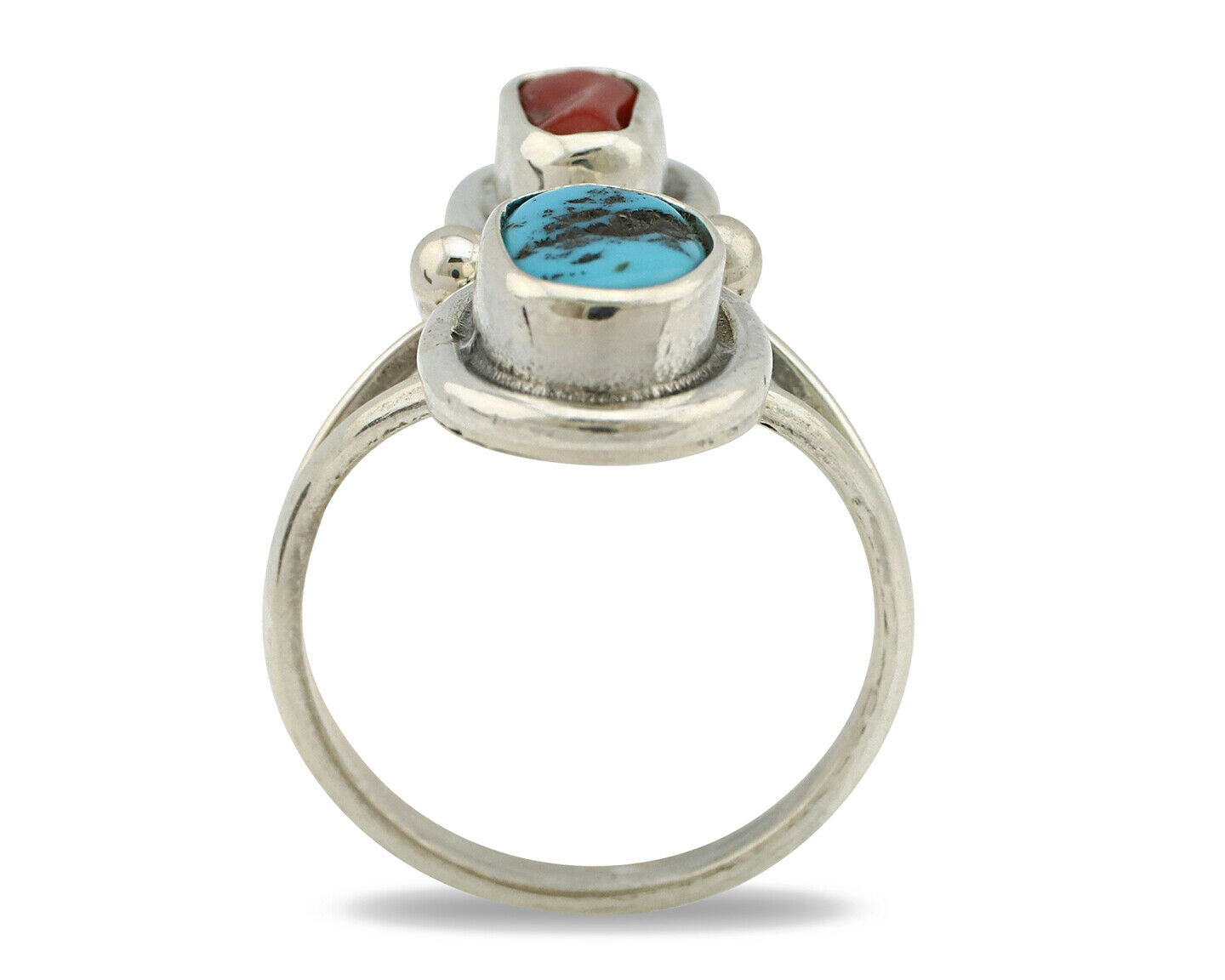 Navajo Ring .925 Silver Blue Turquoise & Red Coral Native American Artist C.80's
