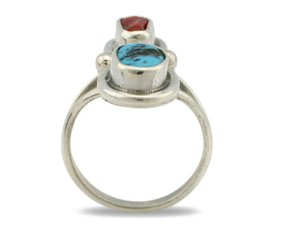 Navajo Ring .925 Silver Blue Turquoise & Red Coral Native American Artist C.80's