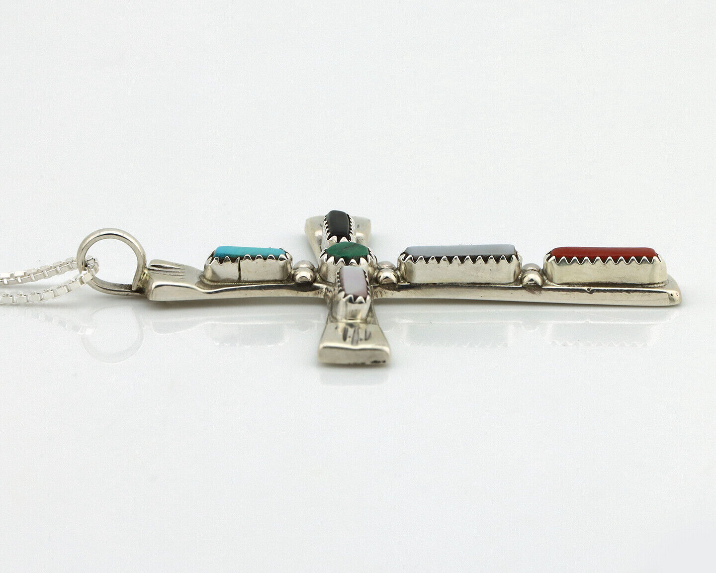 Zuni Handmade Cross Necklace 925 Silver Natural Gemstone Signed C. IULE C.80's