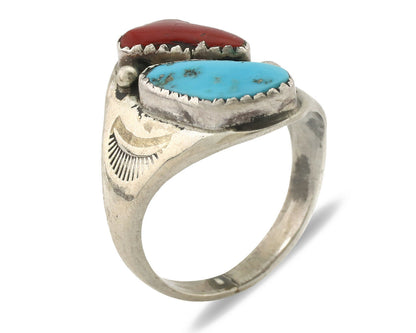 Zuni Ring .925 Silver Natural Turquoise & Coral Native American Artist C.1980's
