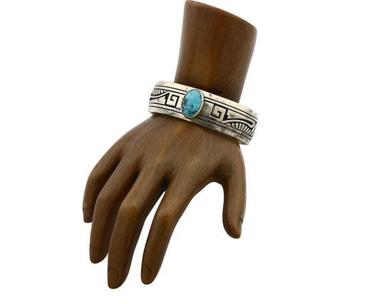 Navajo Bracelet .925 Silver Natural Blue Turquoise Signed RJ C.80's