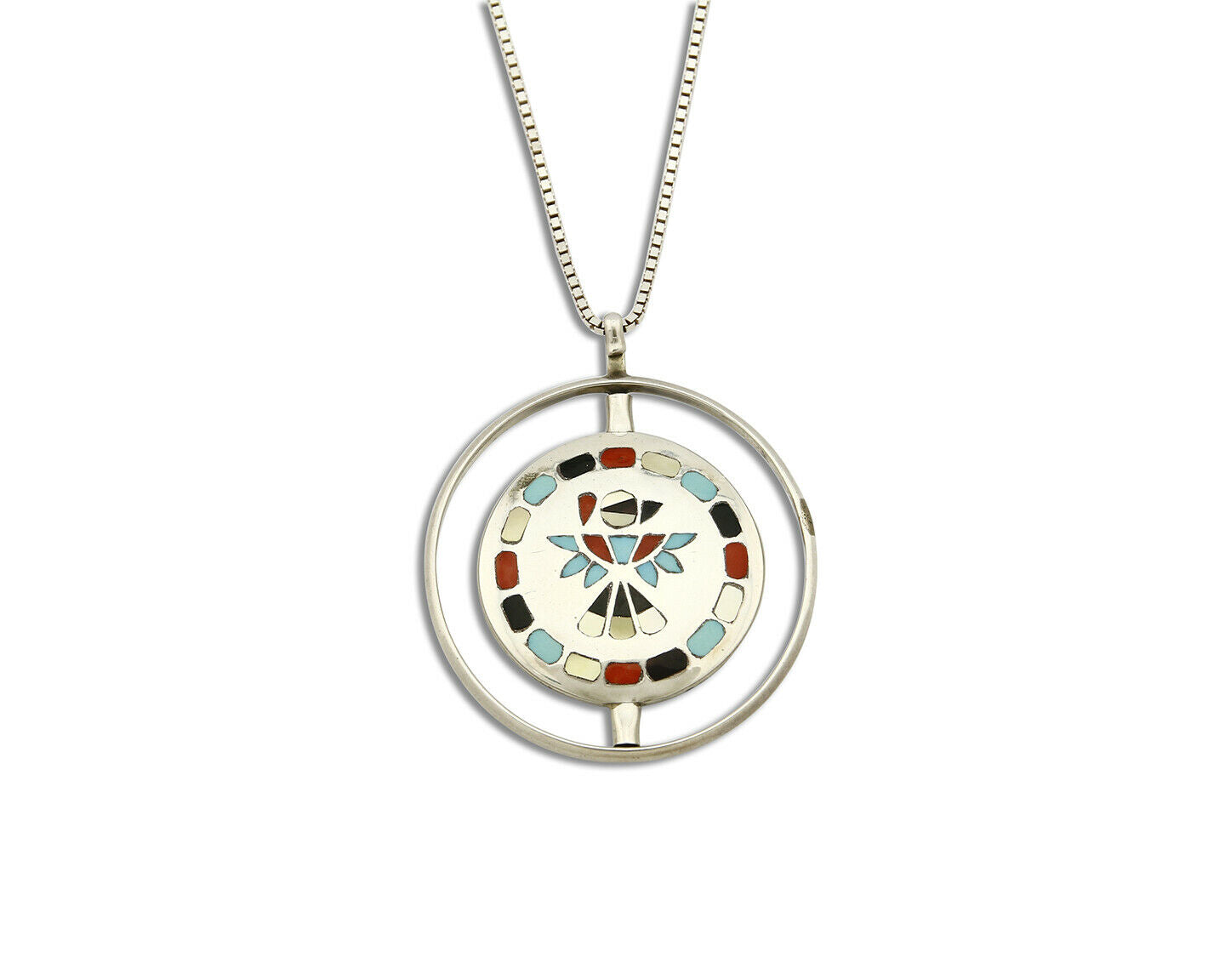 Women's Navajo Spinner Pendant .925 Silver & Inlaid Gemstone Necklace