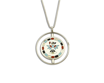 Women's Navajo Spinner Pendant .925 Silver & Inlaid Gemstone Necklace