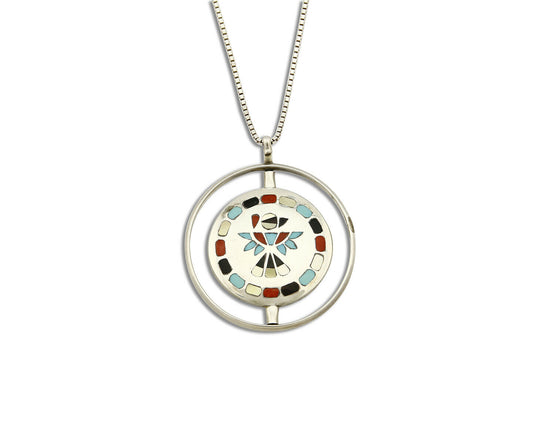Women's Navajo Spinner Pendant .925 Silver & Inlaid Gemstone Necklace