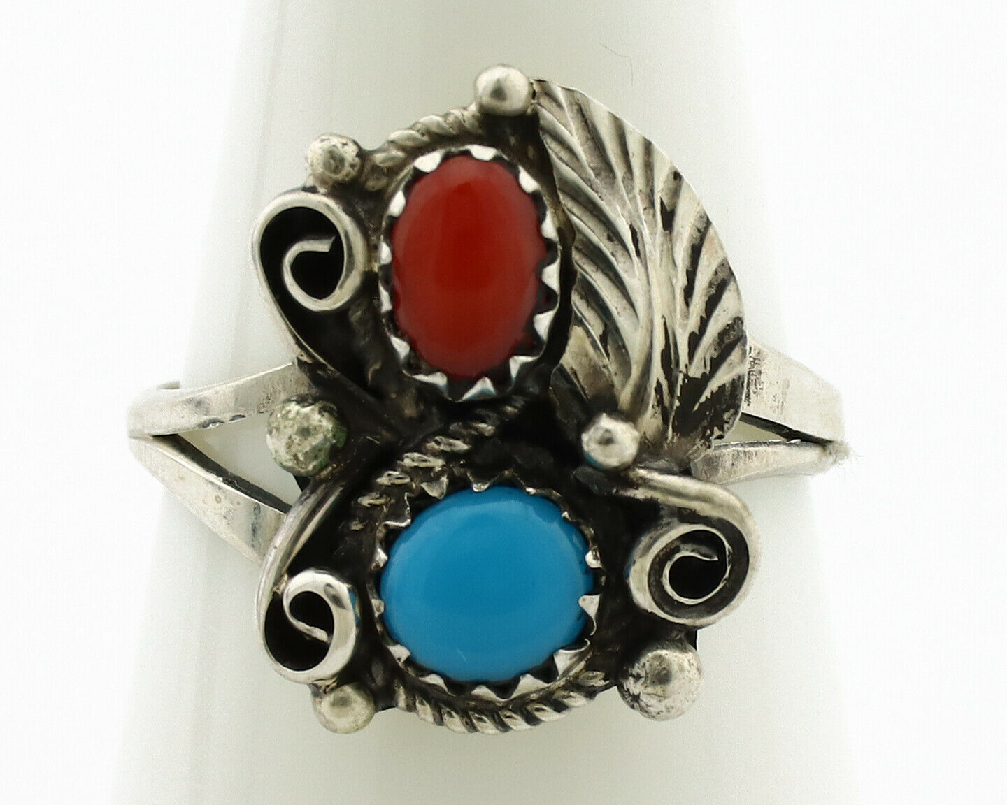 Navajo Ring .925 Silver Morenci Turquoise & Coral Native Artist Signed JM C.80's