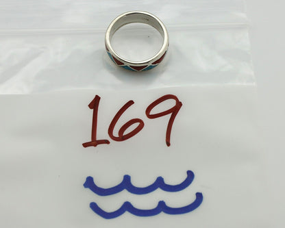Navajo Chip Inlay Ring 925 Silver Sleeping Beauty Turquoise & Coral Silver Cloud