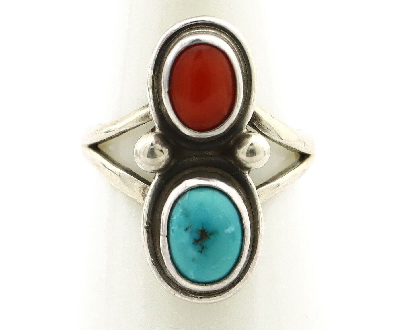 Navajo Handmade Ring 925 Silver Coral & Turquoise Native American Artist C.80's