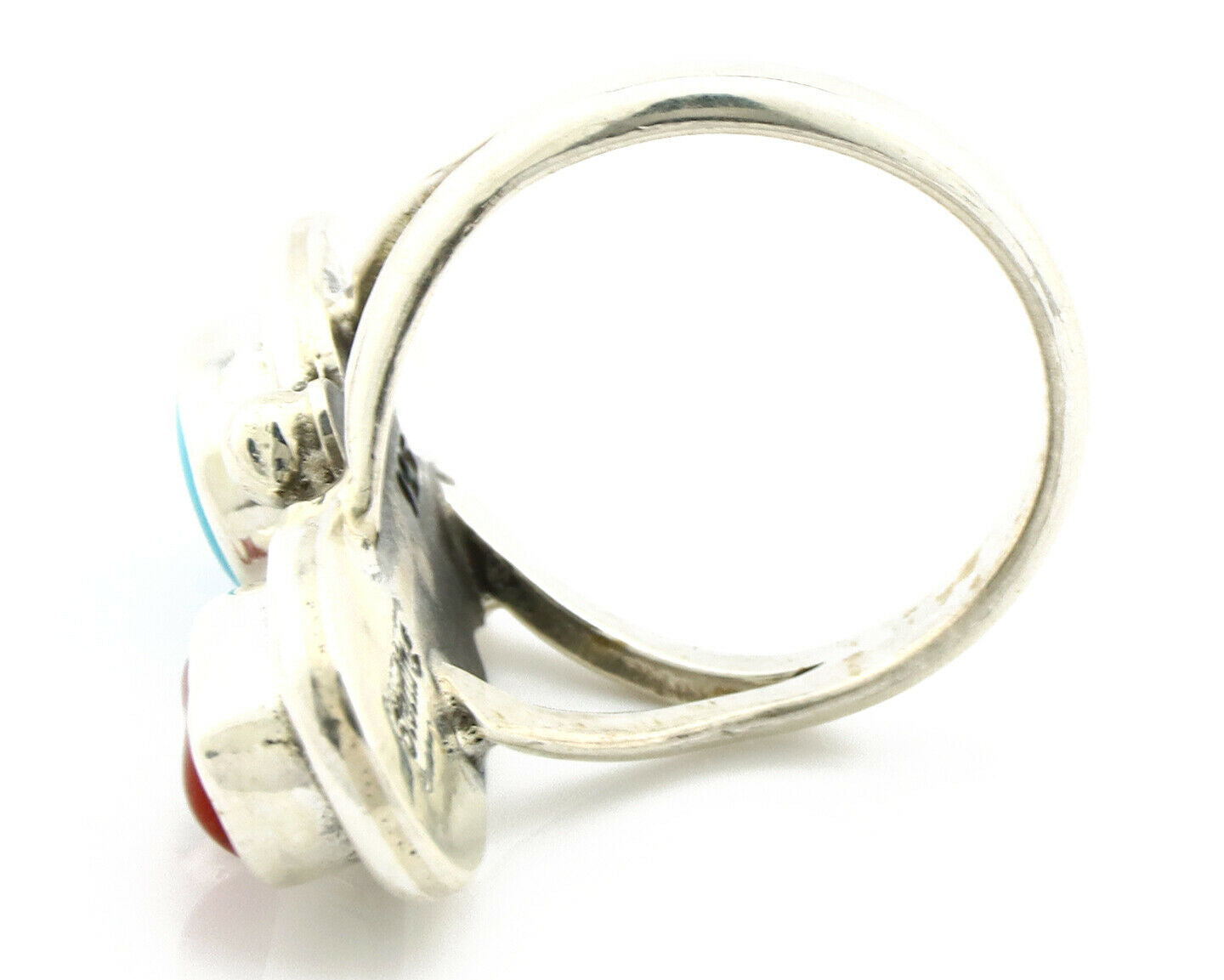 Navajo Ring .925 Silver Red Coral & Blue Turquoise Native Artist C.80's