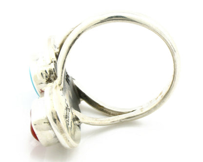 Navajo Ring .925 Silver Red Coral & Blue Turquoise Native Artist C.80's