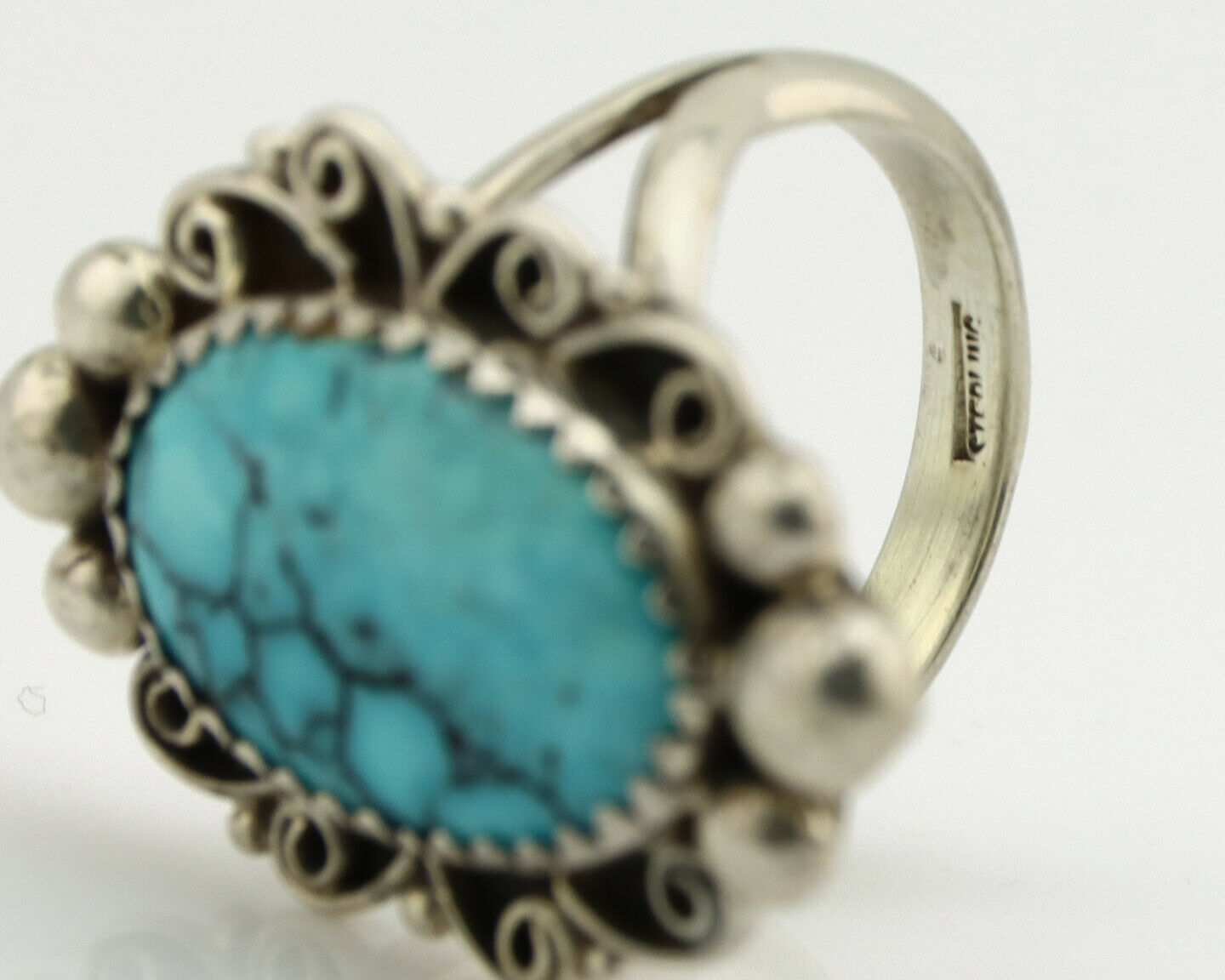 Navajo Ring .925 Silver Spiderweb Turquoise Native American Artist C.80's