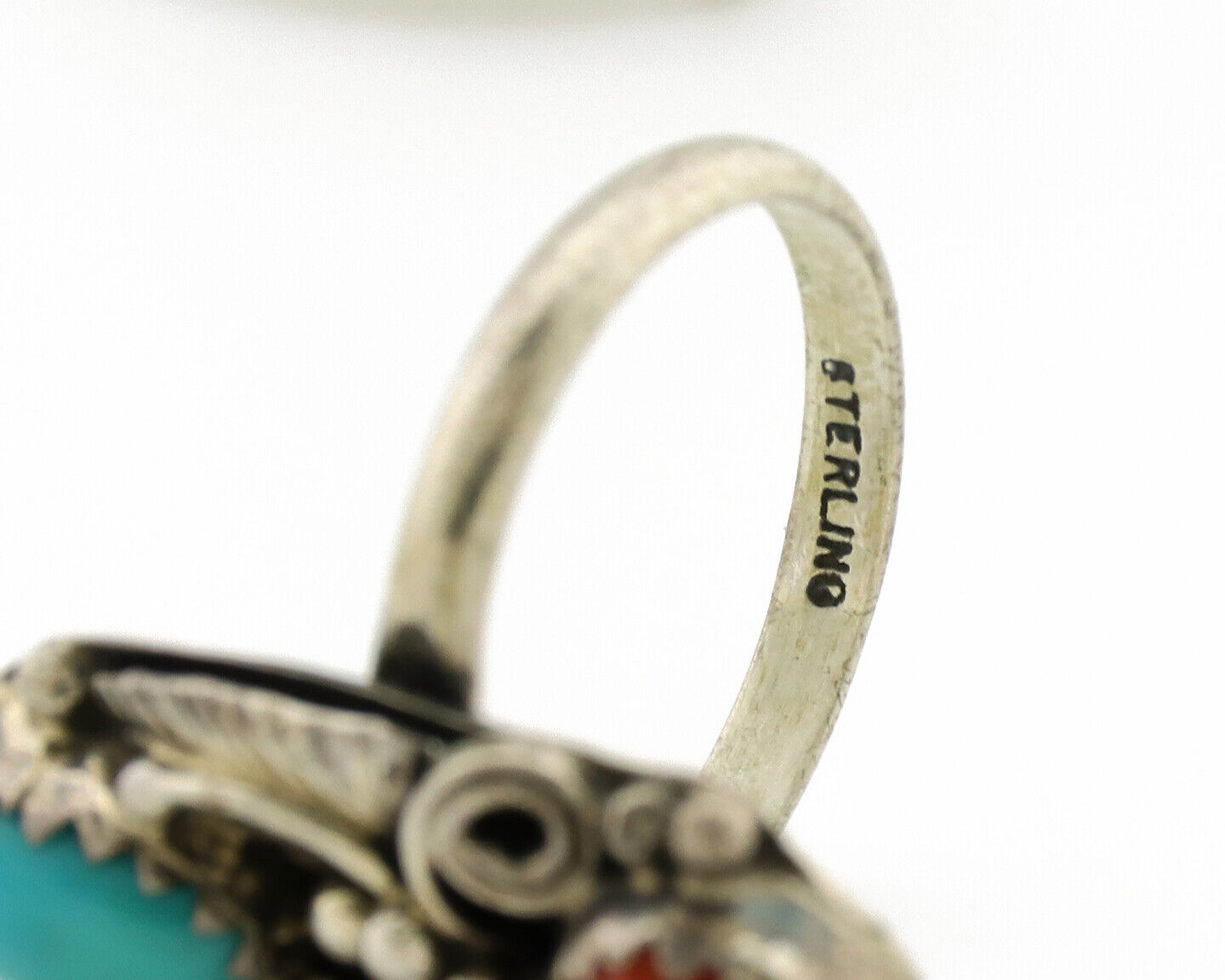 Navajo Ring 925 Silver Coral & Turquoise Handmade Native American Artist C.1980s