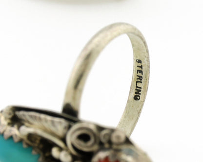 Navajo Ring 925 Silver Coral & Turquoise Handmade Native American Artist C.1980s