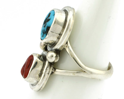 Navajo Ring .925 Silver Red Coral & Blue Turquoise Native Artist C.80's