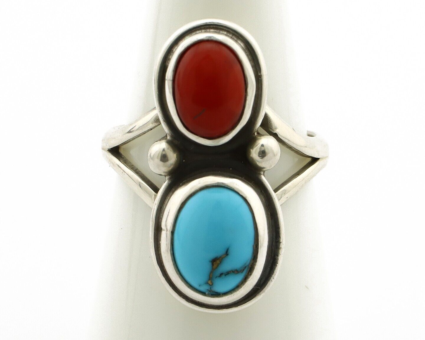 Navajo Handmade Ring 925 Silver Coral & Turquoise Native American Artist C.80's