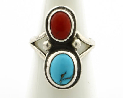 Navajo Handmade Ring 925 Silver Coral & Turquoise Native American Artist C.80's