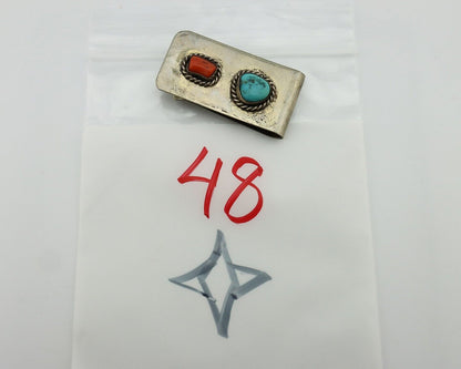 Navajo Money Clip 925 Silver & 999 Nickel Natural Turquoise & Coral Artist C80