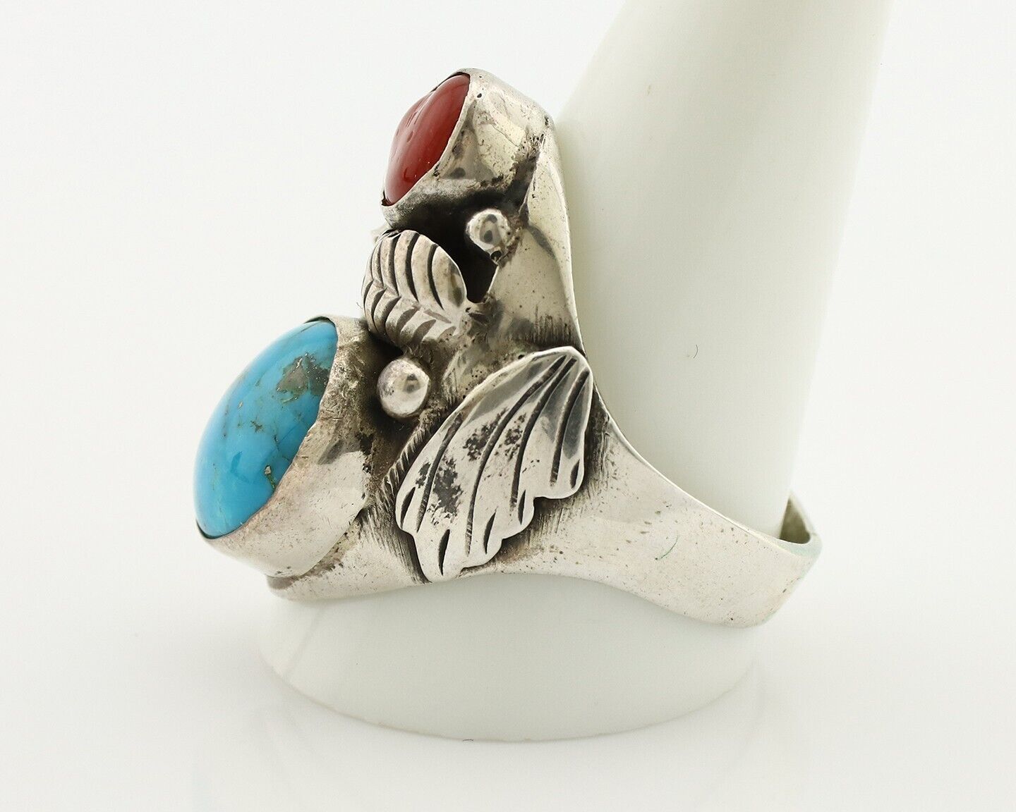 Navajo Ring 925 Silver Blue Turquiose & Mediterranean Coral Native Artist C.80's