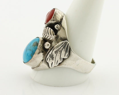 Navajo Ring 925 Silver Blue Turquiose & Mediterranean Coral Native Artist C.80's