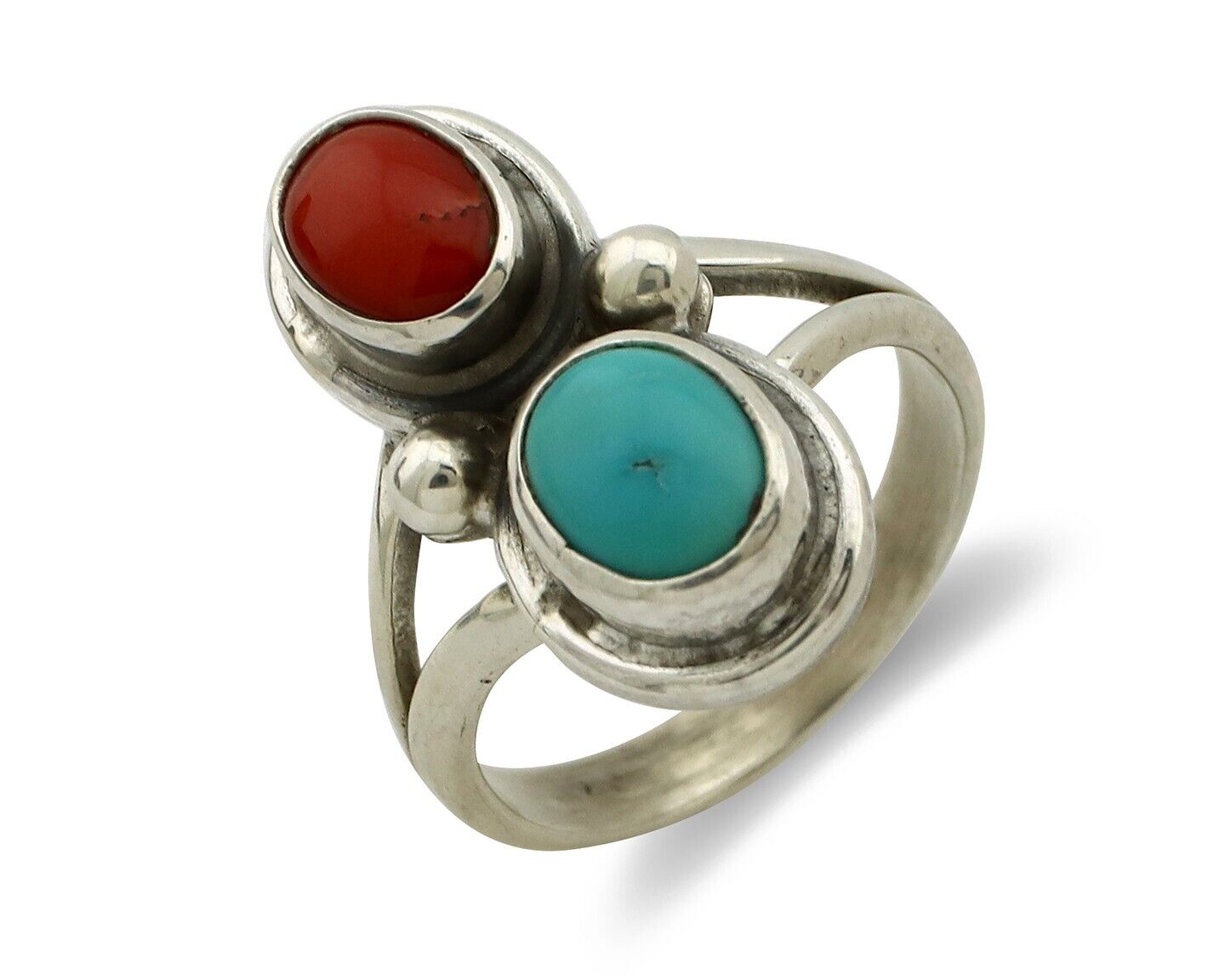 Navajo Handmade Ring 925 Silver Coral & Turquoise Native American Artist C.80's
