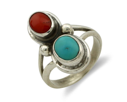 Navajo Handmade Ring 925 Silver Coral & Turquoise Native American Artist C.80's