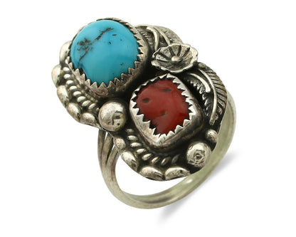 Navajo Ring .925 Silver Turquoise & Coral Artist Signed Thomas Singer C.80's