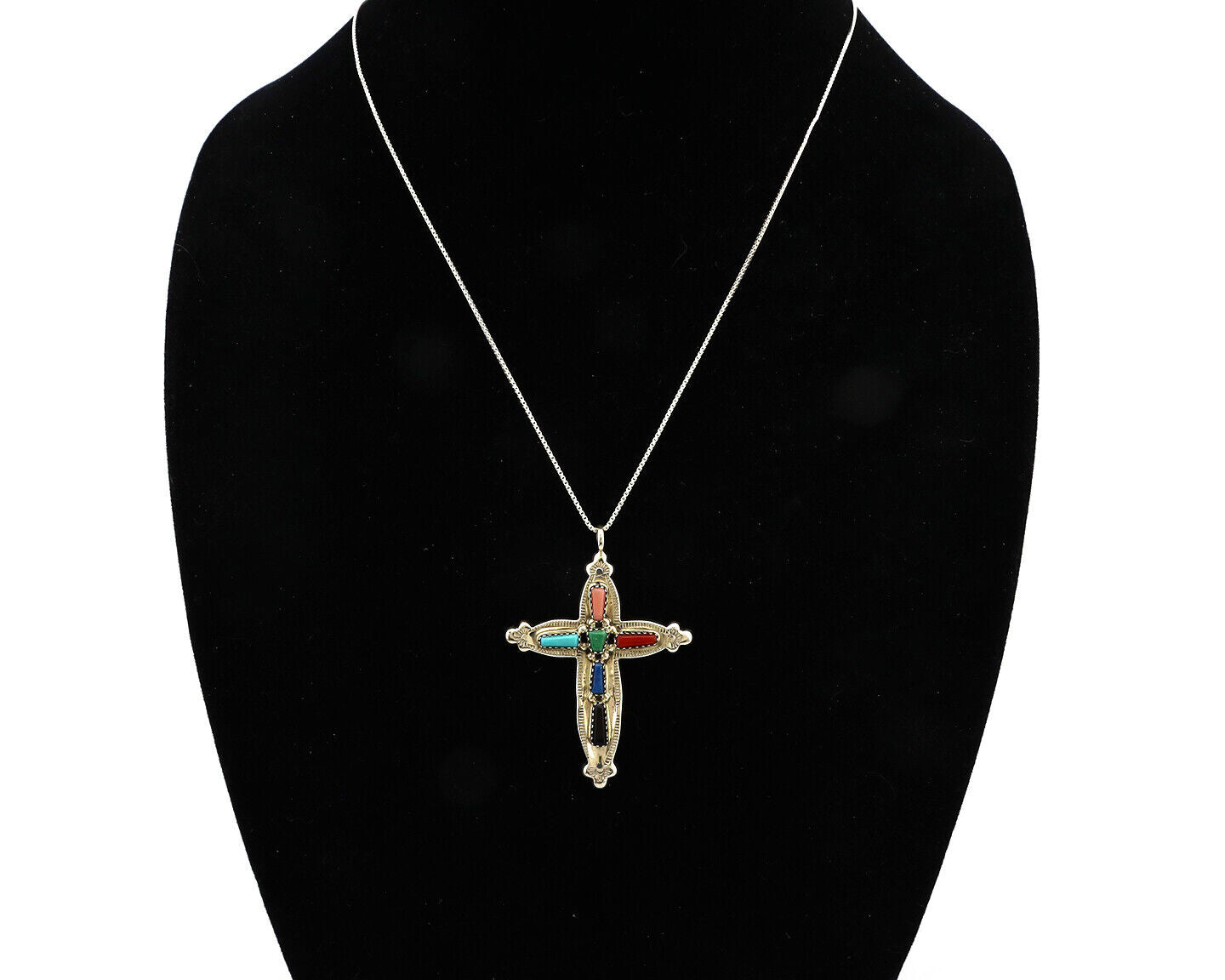 Zuni Handmade Cross Necklace 925 Silver Natural Gemstone Signed E Kaskalla C.80s