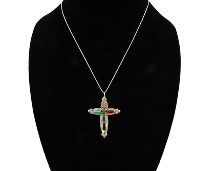 Zuni Handmade Cross Necklace 925 Silver Natural Gemstone Signed E Kaskalla C.80s
