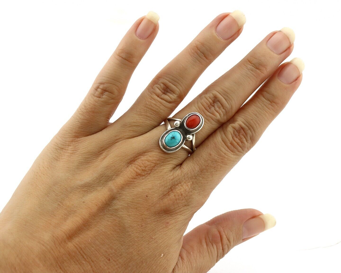 Navajo Handmade Ring 925 Silver Coral & Turquoise Native American Artist C.80's