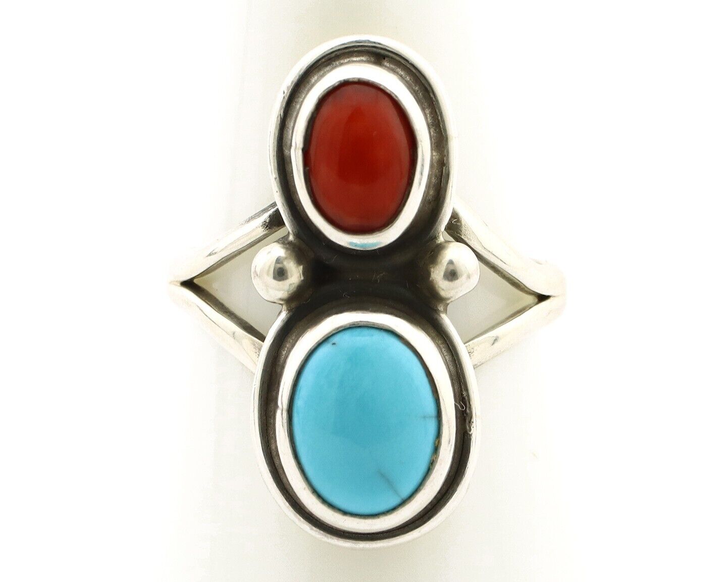 Navajo Handmade Ring 925 Silver Coral & Turquoise Native American Artist C.80's