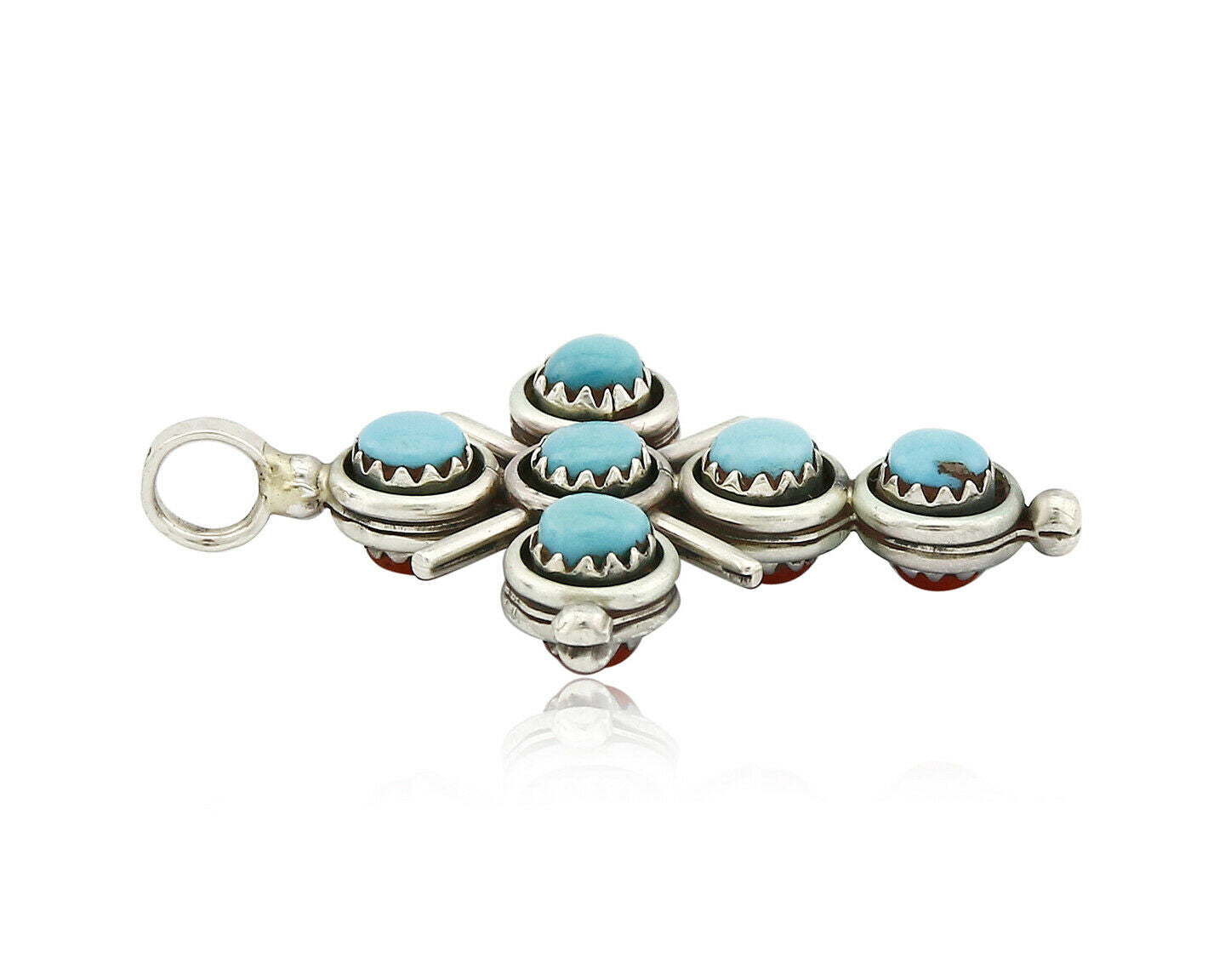 Zuni Natural Turquoise and Coral Reversible 925 Silver Handmade Pendant