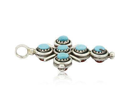 Zuni Natural Turquoise and Coral Reversible 925 Silver Handmade Pendant