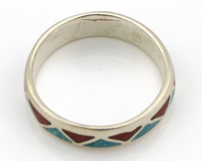 Navajo Chip Inlay Ring 925 Silver Sleeping Beauty Turquoise & Coral Silver Cloud