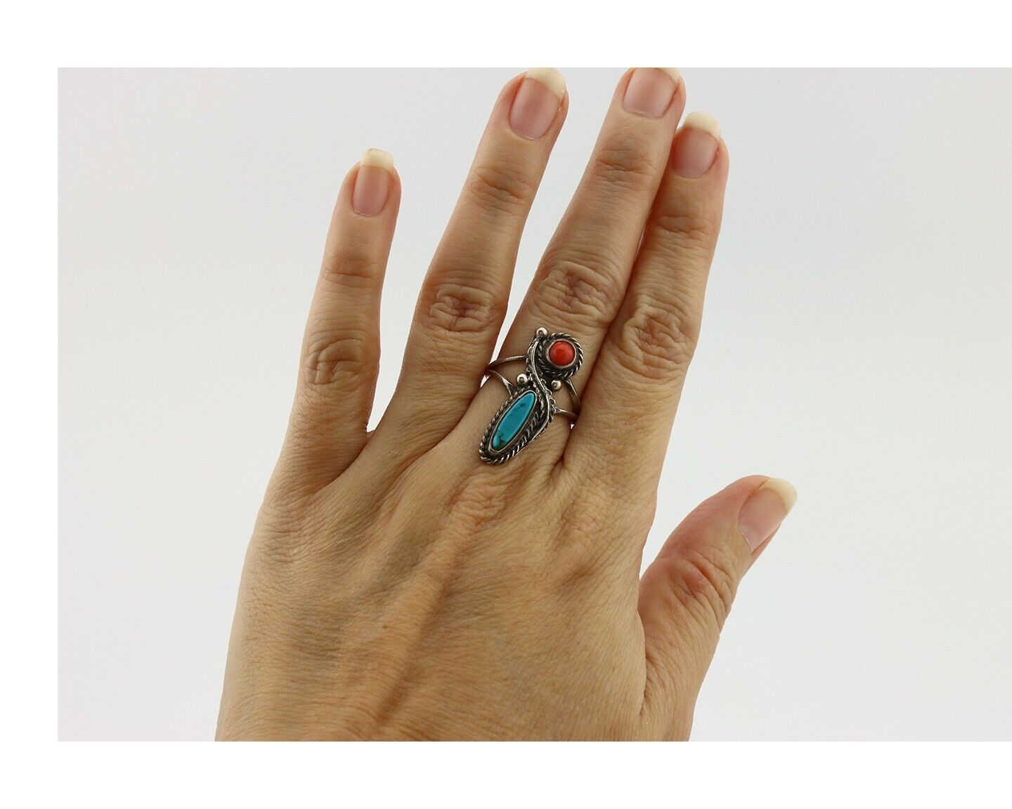 Navajo Handmade Ring 925 Silver Turquiose & Coral Native American Artist C.80's