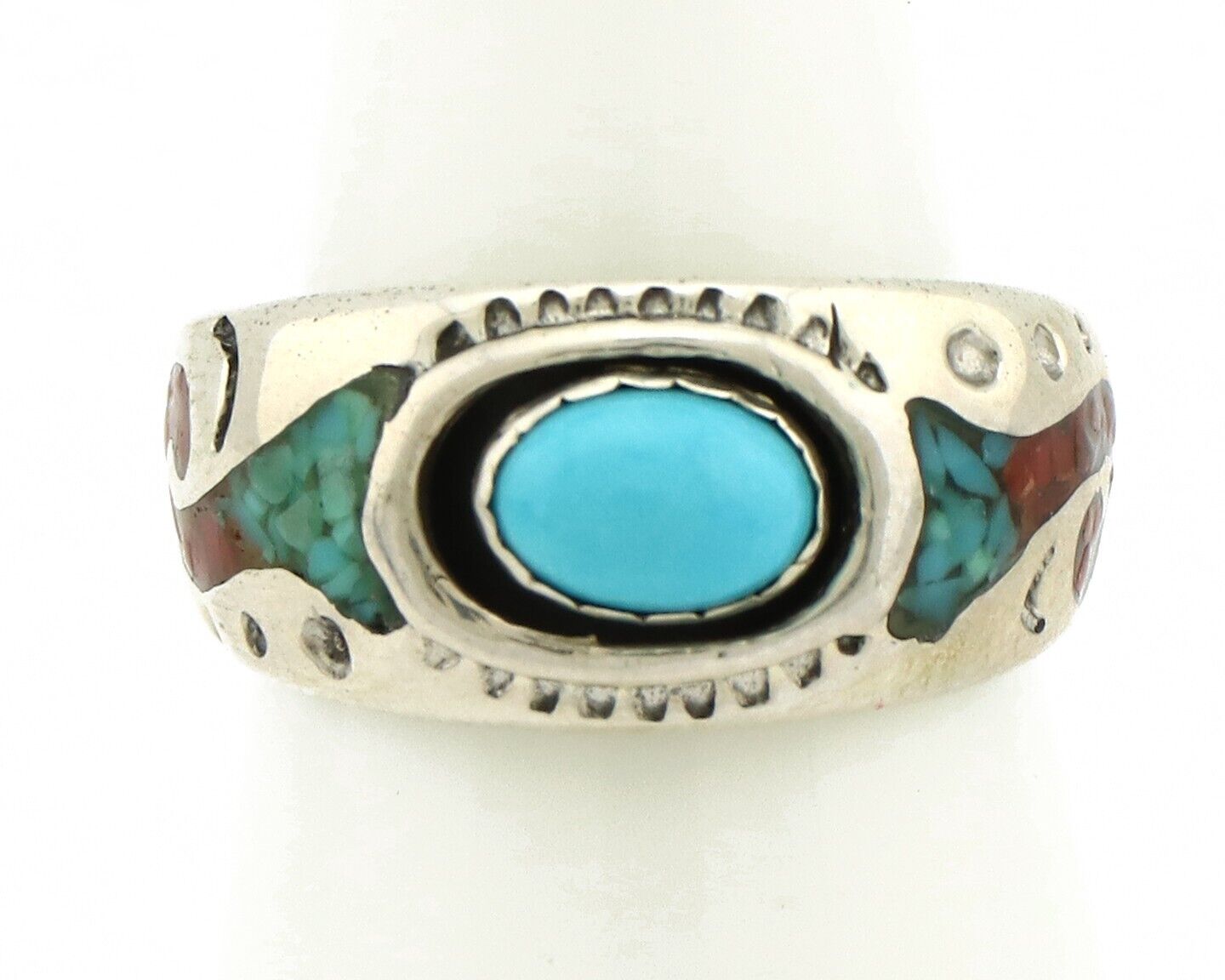Navajo Handmade Ring 925 Silver Blue Turquoise & Coral Native American C.80's