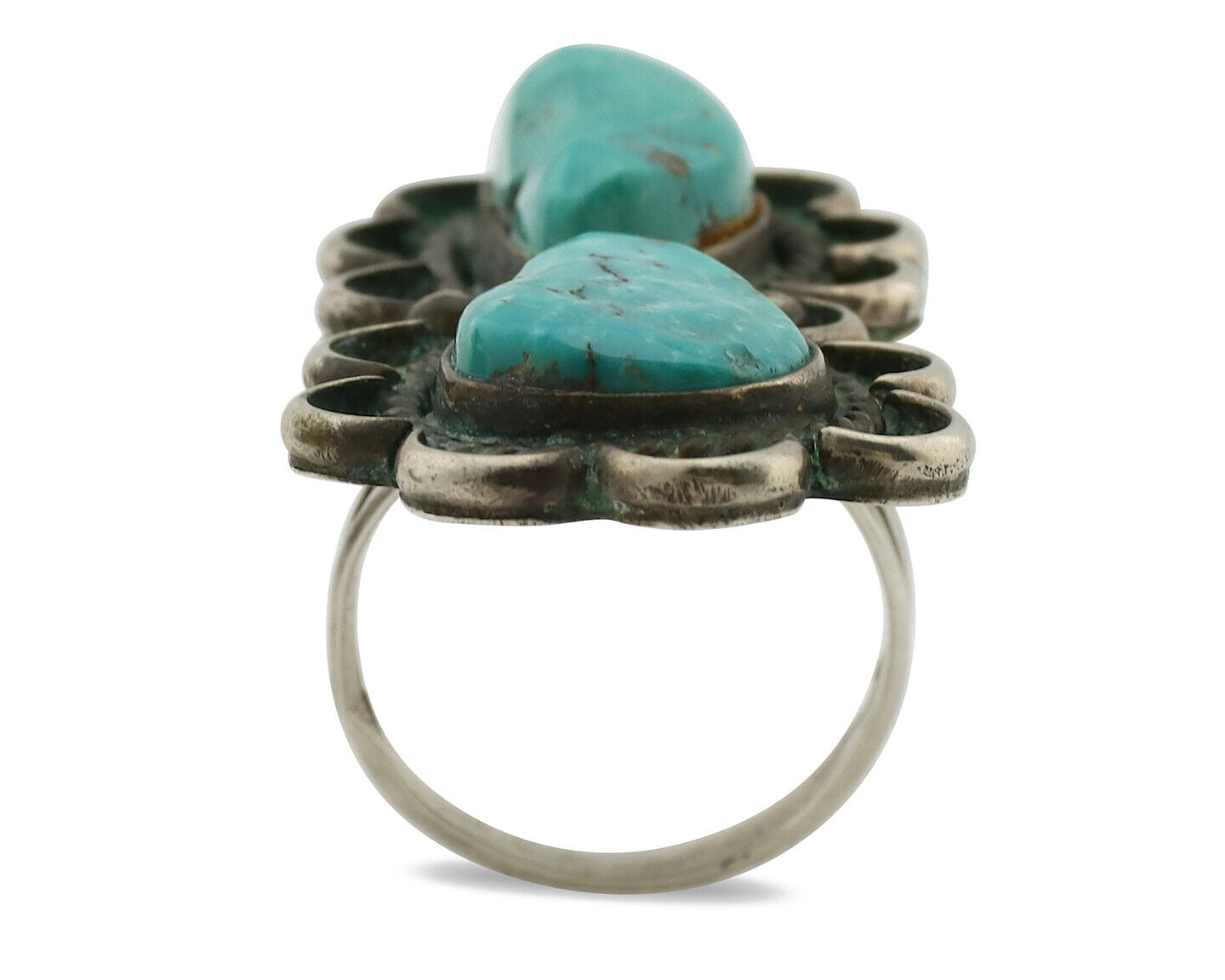 Navajo Ring .925 Silver Globe Turquoise Hand Stamped Native American Artist C80s