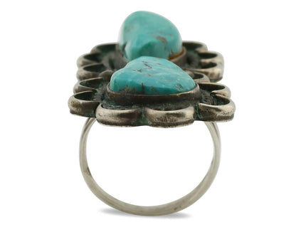 Navajo Ring .925 Silver Globe Turquoise Hand Stamped Native American Artist C80s