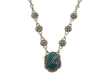 Navajo Necklace 925 Silver Blue Gem Turquoise, Onyx, Coral Signed M Begay C.80's