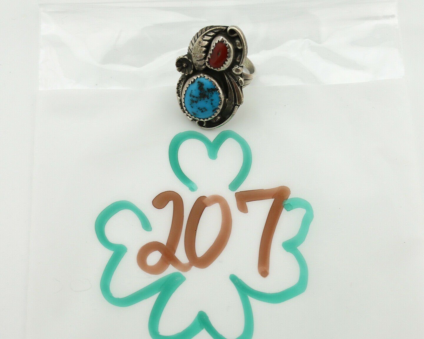 Navajo Ring .925 Silver Turquoise & Coral Artist Signed Thomas Singer C.80's