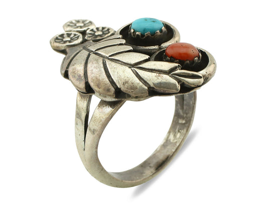 Navajo Ring .925 Silver Turquoise & Coral Native American Artist C.1980's