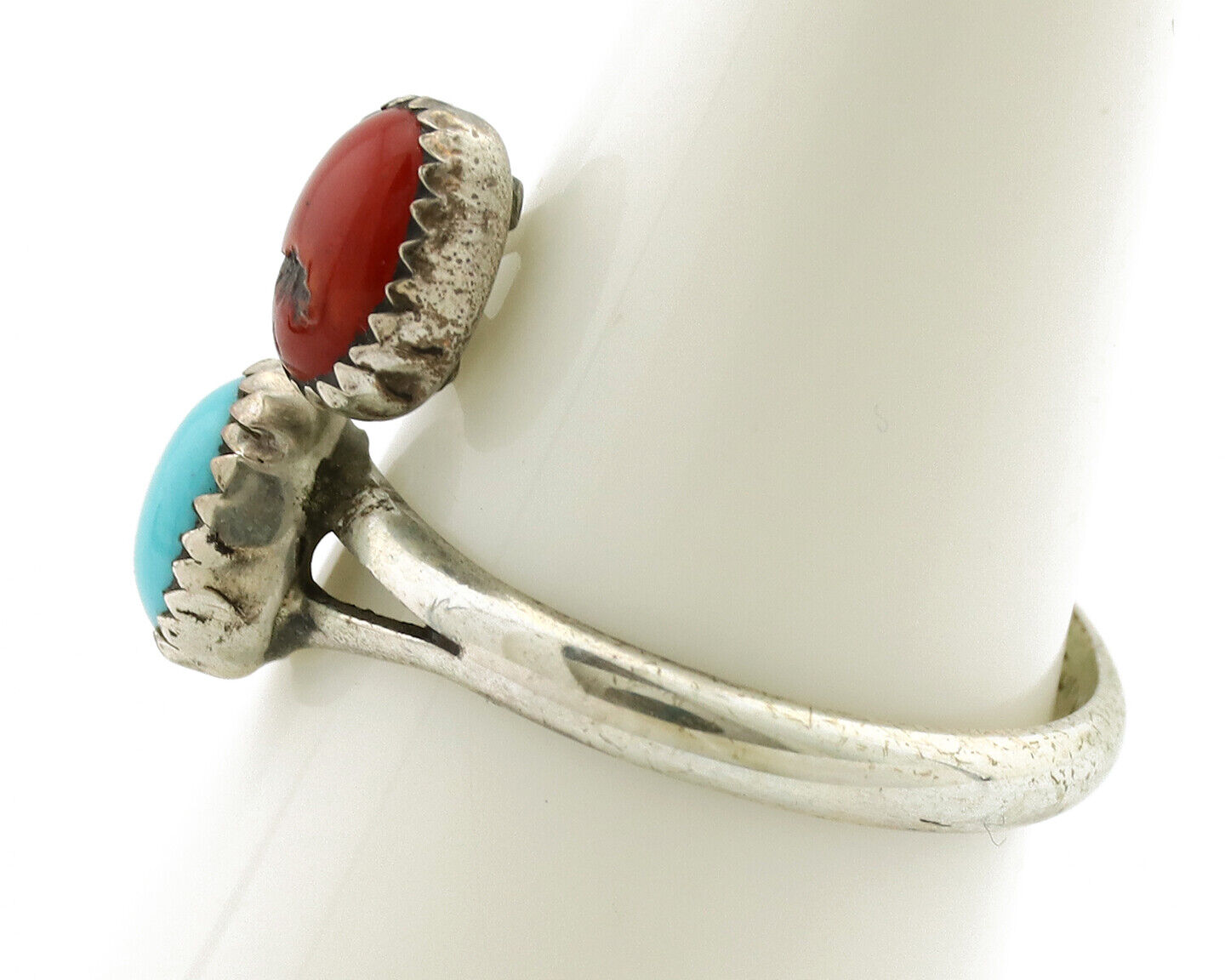 Navajo Ring 925 Silver Coral & Turquoise Handmade Native American Artist C.1980s