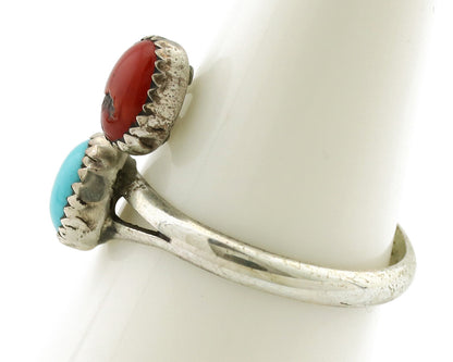 Navajo Ring 925 Silver Coral & Turquoise Handmade Native American Artist C.1980s