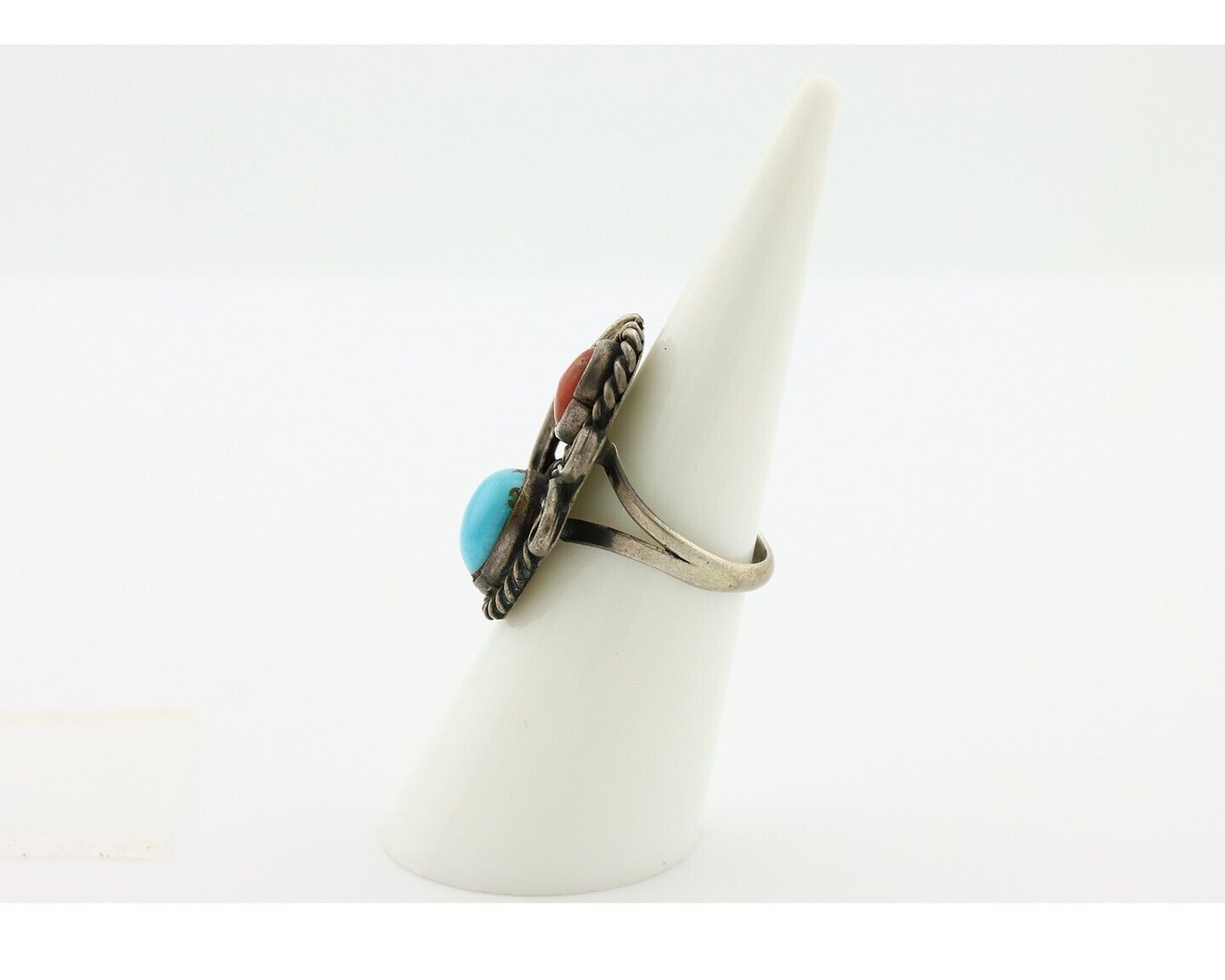 Navajo Handmade Ring 925 Silver Turquiose & Coral Native American Artist C.80's