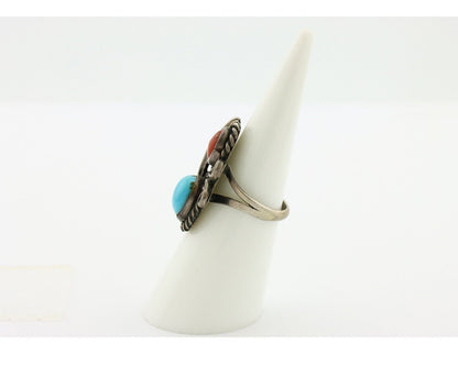 Navajo Handmade Ring 925 Silver Turquiose & Coral Native American Artist C.80's