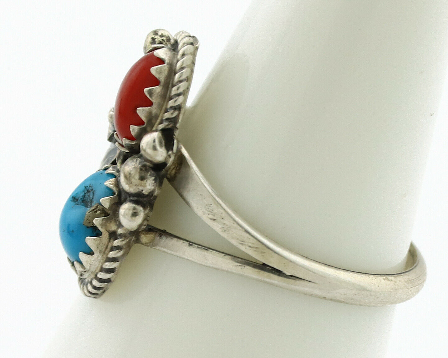 Navajo Ring .925 Silver Morenci Turquoise & Coral Native Artist Signed JM C.80's