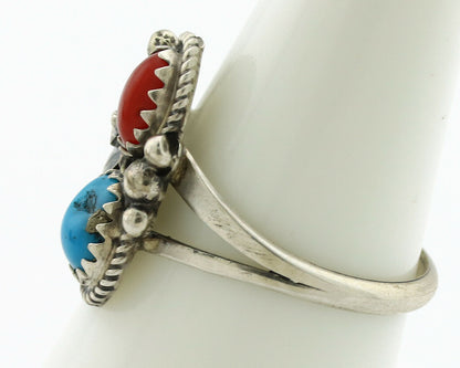 Navajo Ring .925 Silver Morenci Turquoise & Coral Native Artist Signed JM C.80's